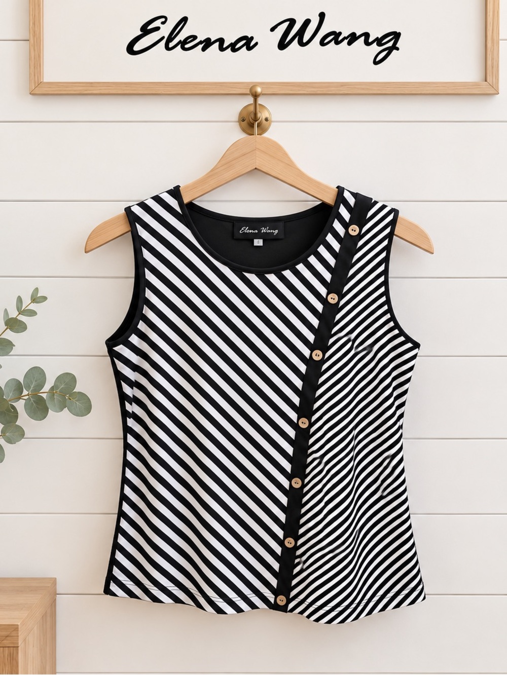 ELENA WANG Black & White Striped Sleeveless Top Size L